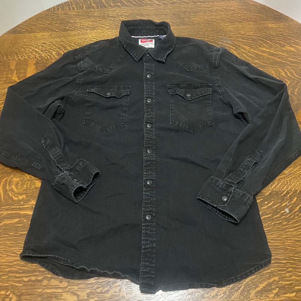 Wrangler Western Shirt Mens Large Black Long Sleeve Pearl Snap Cotton Blend